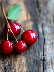 Poster - Freshly picked cherries on wooden background capturing their vibrant color and shine : Generative AI