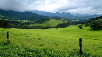 Aufkleber - Lush Green Rolling Hills Under Cloudy Sky in Picturesque Countryside Landscape : Generative AI