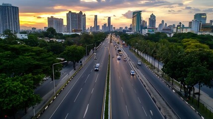 Aufkleber - Breathtaking sunset view over a bustling city road with vehicles and lush trees along the path : Generative AI