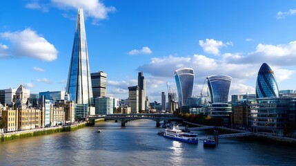 Poster - Vibrant city skyline featuring modern architecture along the riverbank under a blue sky : Generative AI