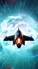 Wall Mural - vertical 9:16 A sleek starship navigates through a glowing cosmic storm surrounded by vibrant electric currents and swirling nebulae. The ship’s shields pulse as they absorb waves of energy
