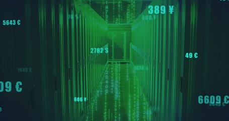 Poster - Digital currency symbols overlaying animation in futuristic data center corridor