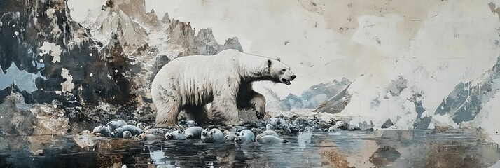Wall Mural - Polar bear near icy water with seal pups