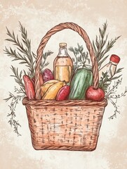 Aufkleber - Fresh organic grocery basket showcasing premium produce and herbs in elegant hand-drawn illustration with soft earthy tones Generative AI