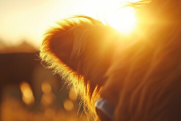 Fototapete - Close-up of a cows face with warm sunlight highlighting soft fur textures and a serene rural background during golden hour at a farm