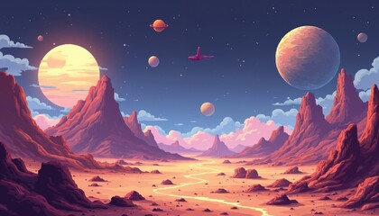 Poster - Pixel art alien planet landscape with cosmic view, vibrant colors. Digital illustration fantasy scene, 8-bit retro game assets. Mars surface, space background with planets, spaceship, galaxy.