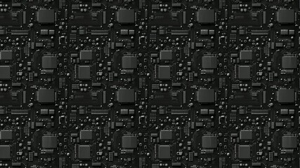 Poster - Seamless looping video pattern of symmetrical microchip layout on dark PCB surface.