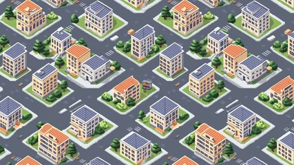 Poster - Seamless looping isometric video pattern of city streets and small modern buildings.