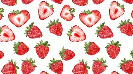 Poster - Seamless looping video pattern of sliced strawberries on a white background.