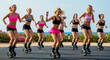 © Irina - Summer outdoor workout: sporty women jump on special boots against the backdrop of the endless sea.
