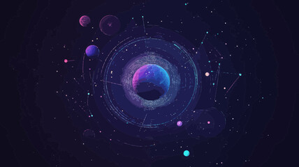 Poster - Abstract Vector Wireframe Medal as Starry Sky with Planets and Stars in Flat Minimalist SVG Style, Space Concept Art for Cosmic Achievements and Universe Exploration