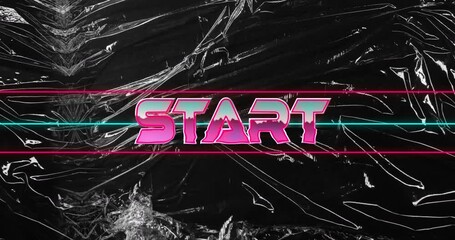 Poster - Neon colors creating retro-style animation text on shiny black crumpled surface