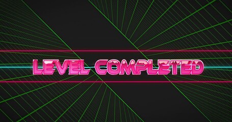 Poster - Neon animation with Level Completed text over green geometric line pattern