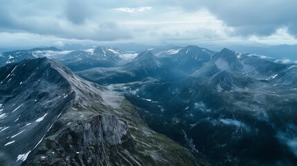 Poster - Breathtaking aerial view of mountain range showcasing majestic peaks and dramatic weather patterns : Generative AI