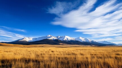 Aufkleber - Stunning view of majestic snow capped mountains against a vibrant blue sky in an open golden field : Generative AI