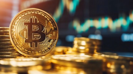 Leinwandbilder - Close up of shiny gold bitcoin coins stacked against a digital currency trading screen background : Generative AI