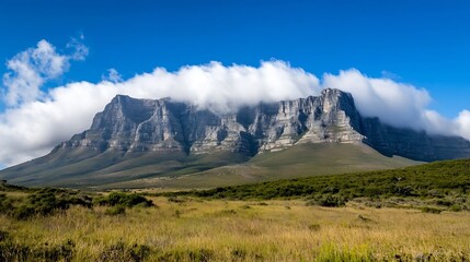 Aufkleber - Breathtaking view of a majestic mountain with clouds and green fields nearby : Generative AI
