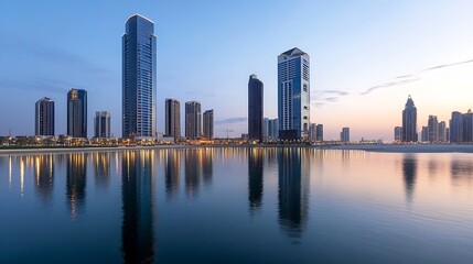 Poster - Stunning sunset skyline view of modern tall buildings reflecting on a calm water surface : Generative AI