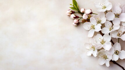 Poster - Delicate white cherry blossoms with soft pink buds on a light textured background : Generative AI