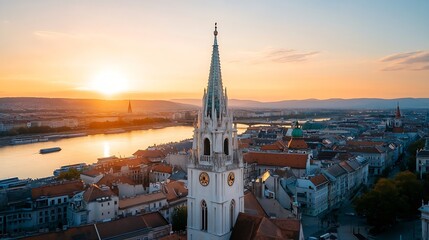 Aufkleber - Beautiful sunset over the Danube River with a stunning church tower in the foreground : Generative AI