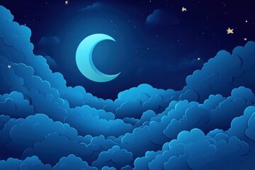Poster - Dreamy moonlit landscape in layered paper cut style with a crescent moon and stars above deep blue clouds in a surreal and peaceful setting