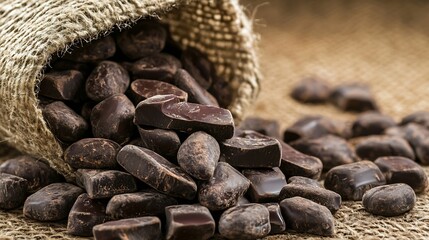 Aufkleber - Artisan chocolate pieces spilling out of a burlap sack on a rustic wooden surface : Generative AI