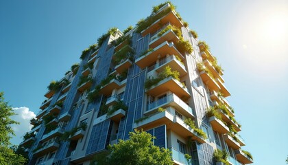 Poster - Modern eco-friendly apartment building with solar panels, green plants on balconies. Sustainable living concept, urban architecture. Solar energy usage in city, residential building with blue sky