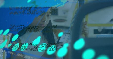 Poster - Woman using smartphone with digital data and code animation overlay