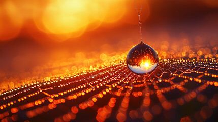 A spiderweb glistens with morning dew, its intricate design highlighted by the warm, golden light.