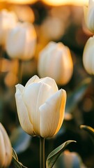 Wall Mural - Fields of white tulips bloom under golden sunset in a serene landscape filled with natural beauty and tranquility