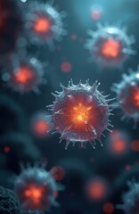 Poster - Microscopic illustration shows cells elements floating in transparent medium. Detailed cell structure with nucleus and genetic components. Healthcare, medical, science concept. Biology research.
