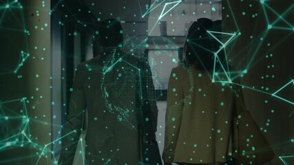 Poster - Walking in hallway, business professionals with digital network overlay in office