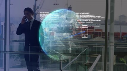 Poster - Talking on phone, businessman with digital globe animation overlaying cityscape