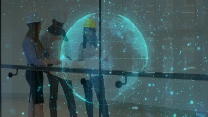 Poster - Two construction workers discussing plans with digital globe animation overlay