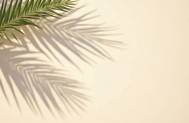 Poster - Palm leaf shadow on light beige concrete background. Summer minimal style. Hard light, copy space. Pastel aesthetic photo with palm shadows at sunlight. Tropical vacation, beach mood, sunny day.