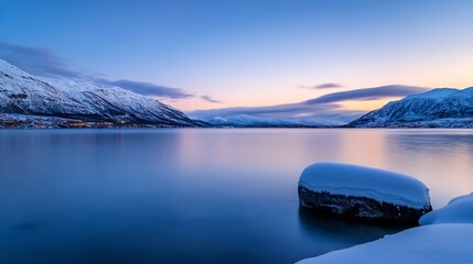 Poster - Scenic winter lake view at sunrise with snow capped mountains reflecting in calm waters : Generative AI