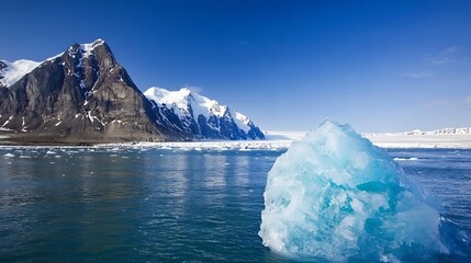 Poster - Majestic view of icebergs floating in a serene blue sea with towering snowy mountains in the background : Generative AI