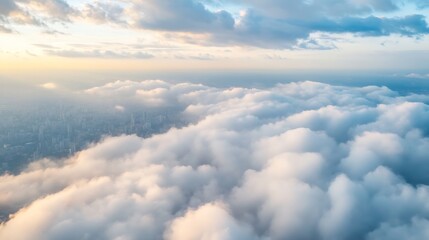 Poster - Aerial View of Billowing Clouds Over a Cityscape at Dusk : Generative AI