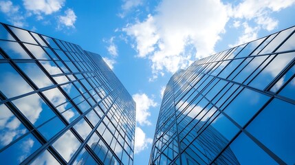 Aufkleber - Modern glass skyscrapers reflecting blue sky and clouds in urban architectural landscape : Generative AI