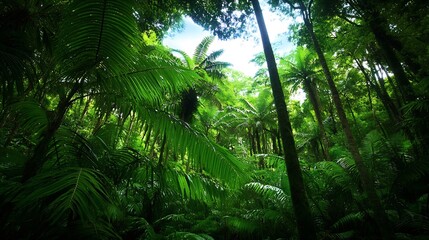 Poster - Lush green tropical rainforest scene with tall palm trees reaching towards the sky in a serene environment : Generative AI