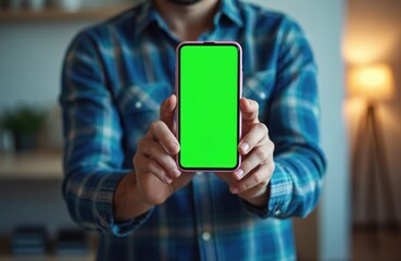 Poster - Man holding smartphone with green screen. Mockup mobile phone display. Person holds device with both hands. Green screen for app, UI, website or video. Touch screen technology.