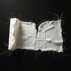 Poster - Torn white rag, isolated on black background. Ragged edges, loose threads, hole in fabric. Worn texture detail. Blank space for design, textile background.