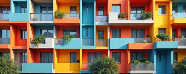 Poster - Modern residential building facade features balconies, windows, vibrant colors. Apartment block exterior design. Contemporary urban architecture. Living apartments, real estate, housing, exterior