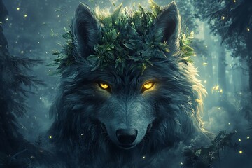  Majestic Wolf with Piercing Eyes in Enchanted Forest with Tall Trees and Vibrant Greenery