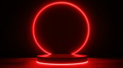 Wall Mural - Red circle neon background with cylinder platform suitable for product placement