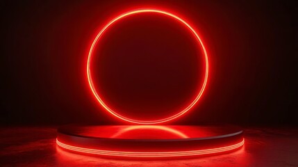 Wall Mural - Red circle neon background with cylinder platform suitable for product placement
