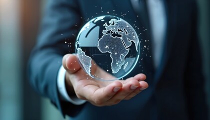 Poster - Businessman in suit holds glowing digital globe. Represents global connectivity, tech, innovation. Globalization, communication, networking. Modern business, finance, insurance, future vision.