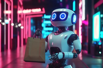 Poster - Friendly futuristic delivery robot hands over grocery bag in a vibrant cyberpunk city