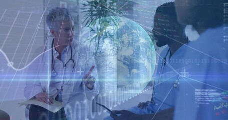 Poster - Discussing medical data, doctors with animation of Earth and digital connections