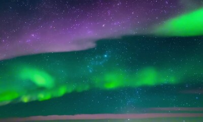Wall Mural - Vivid aurora borealis backdrop with sweeping green and purple light patterns across a dark starry sky, otherworldly and magical